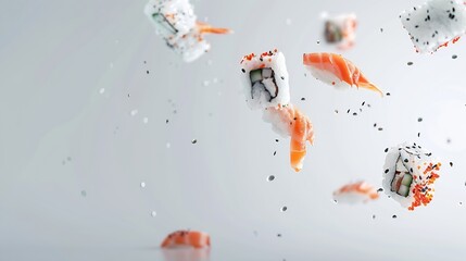 Pieces of sushi frozen in the air on white background : Generative AI