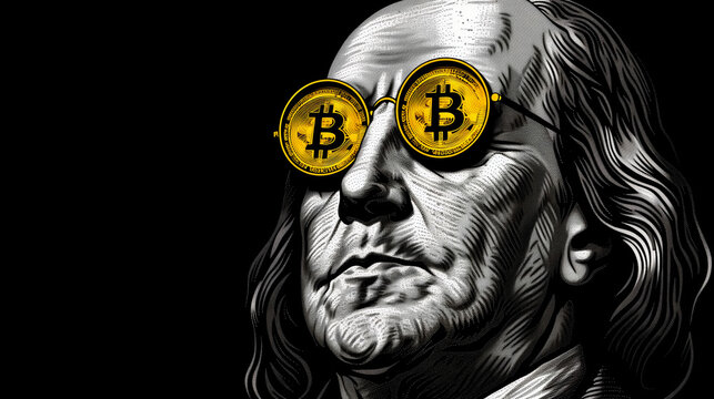 president benjamin franklin with bitcoin eyes,  cryptocurrency versus traditional money, crypto and blockchain concept