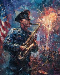 Obraz premium A soldier in uniform plays the saxophone against a backdrop of fireworks and American flags.