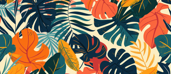 Seamless pattern of hand drawn tropical leaves with various patterns and shapes