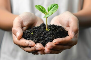 Plant in hands, young sprout, new plant growing in soil, organic farming, environment care, earth day