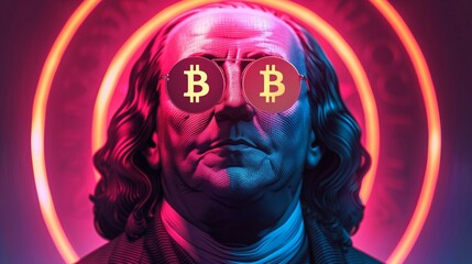 president benjamin franklin with bitcoin eyes,  cryptocurrency versus traditional money, crypto and blockchain concept