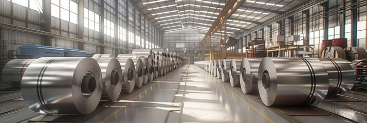 Industrial warehouse with neatly arranged rolls of metal sheets.  facility showcases a clean and organized environment, highlighting the precision and efficiency in material storage and handling..