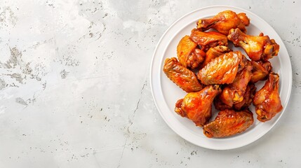 Buffalo chicken wings on plate over white stone background with copy space Top view flat lay : Generative AI