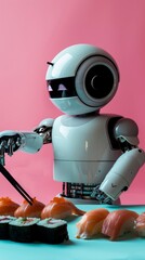 robot prepares red fish sushi, photo taken on iPhone 15 pro in maximum quality, photo taken by a professional photographer on a pink turquoise background 