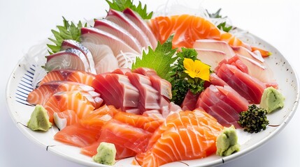 Variety of Japanese food delicious dishes salmon sashimi white background : Generative AI
