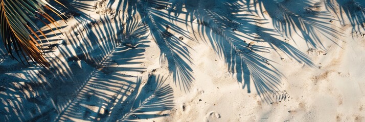 Palm tree shadows on sandy beach texture background, palm branch beige ocean dune wallpaper