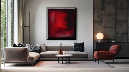 5. Set against a backdrop of minimalist luxury, a crimson poster frame mockup stands out as a statement piece in a modern living room, infusing the space with a burst of rich color and visual