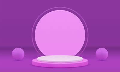 Obraz premium Violet cylinder 3d podium pedestal with round wall background realistic vector illustration