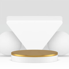 3d golden cylinder podium pedestal with triangle wall background realistic vector illustration
