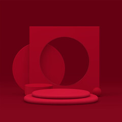 3d red cylinder podium pedestal with frame hole wall background realistic vector illustration