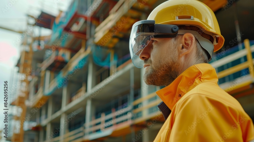 Aufkleber the worker effortlessly navigates through the construction site thanks to the guidance of augmented 