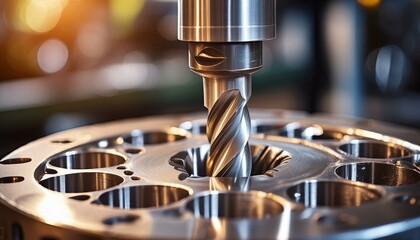 "Metalworking Mastery: Detailed Photography of Bit Drilling into Metal"