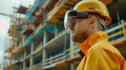 The worker effortlessly navigates through the construction site thanks to the guidance of augmented reality technology.