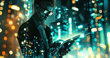 young successful businessman person using phone at futuristic tech city background, man and digital communication overlay concept 