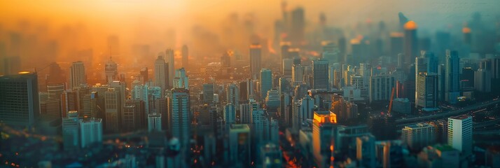 A widescreen view of a city during sunset with high-rise buildings enveloped in a hazy atmosphere, capturing a dramatic and captivating urban skyline scene.