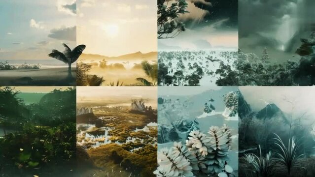 Cinematic style collage, poly screen showing different weather conditions in wild places: sunny savannah, misty rainforest, snowy tundra and stormy mountain range with corresponding flora and fauna.