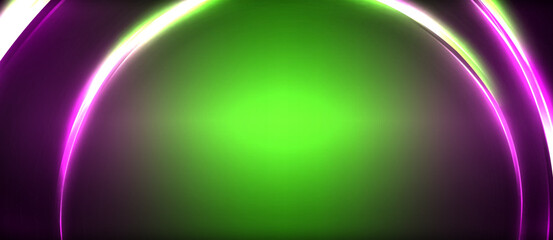 Neon glowing circle rays, light round lines in the dark, planet style neon wave lines. Energetic electric concept design for wallpaper, banner, background