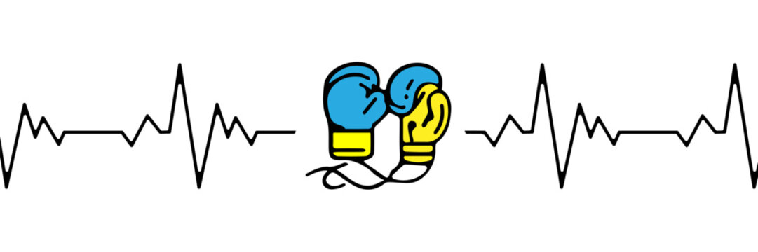 boxing gloves in the colors of the Ukrainian flag, heart beat line. Vector illustration