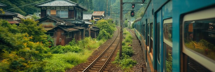 Fototapeta premium A scenic rural village with a train passing by on the tracks among green surroundings; traditional houses and signal lights complement the serene environment.