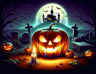 Fototapeta premium Halloween pumpkin with graveyard theme illustration