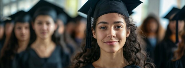 Happy mixed race woman in her graduation day. Young students wearing graduation gown with graduation cap in their commencement day.