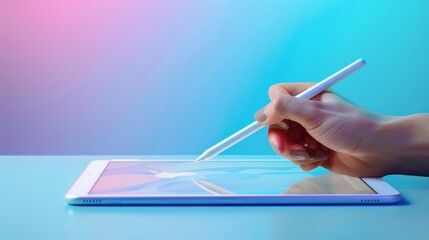 Woman's hand holding a stylus pen above tablet computer.