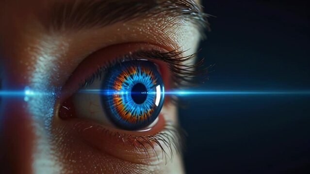 A close up of a blue and brown eye with a bright white light reflecting in the eye.