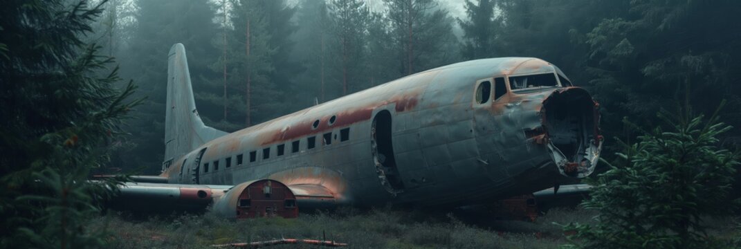 A derelict airplane lies abandoned among trees in a forest, with foggy conditions emphasizing an eerie atmosphere
