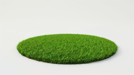 a circle shaped green gras area in front of a white background, functioning as a display area to place objects on it, so the area is shown as it lays perpectivly on the floor, 8k 