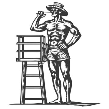muscular lifeguard standing near lifeguard stand clip art preview