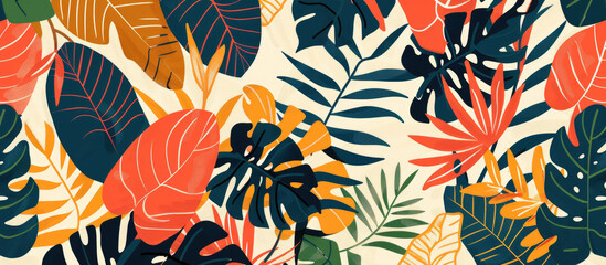 Seamless pattern of hand drawn tropical leaves with various patterns and shapes