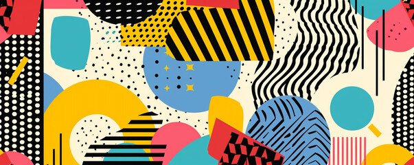High-resolution Memphis design with bold, repeated abstract shapes and vibrant patterns