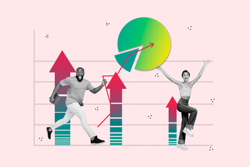 Creative abstract collage of two happy american guy white girl career development arrow promotion...