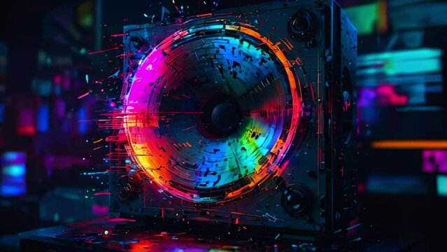 This is a colorful of a speaker. The speaker is lit up with rainbow colors and has a glowing white center.