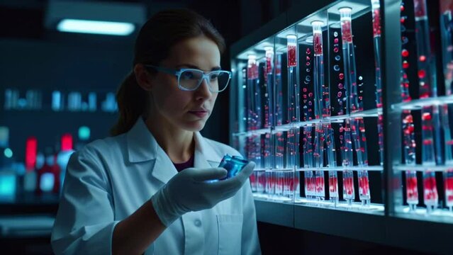 A woman wearing a lab coat and safety glasses is holding a small object in her gloved hand. There are shelves of glowing red and blue test tubes in the background.