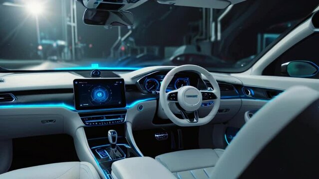 The ivideo shows the interior of a futuristic car with a steering wheel, a digital display, and white leather seats.