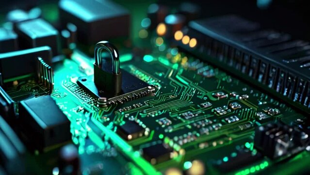 A close-up of a circuit board with a small silver padlock on it. The circuit board is green and black, and the padlock is shiny silver