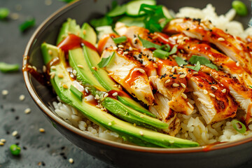 Grilled teriyaki chicken with rice and avocado. Japanese food