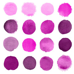 Set of purple, pink, violet watercolor circles isolated on a white background. Watercolour pink circles