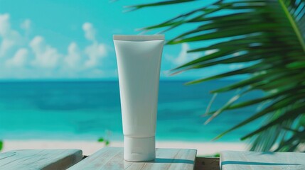 Fototapeta premium Tube of sunscreen on a tropical beach table