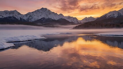 Obraz premium The sun shines in golden and pink colors over a towering mountain range covered in snow. The colors of the sky are reflected on a calm lake in the foreground, while some fog forms over the plains
