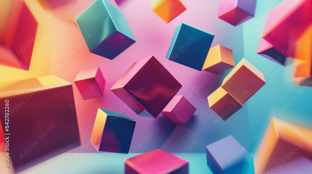 Poster an abstract 3d background with floating geometric shapes in various colors, creating a modern and dy