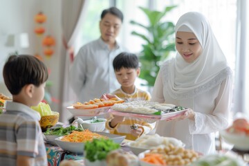 Naklejka premium The mother offers the son ketupat to enjoy with family during the Eid celebration moment.