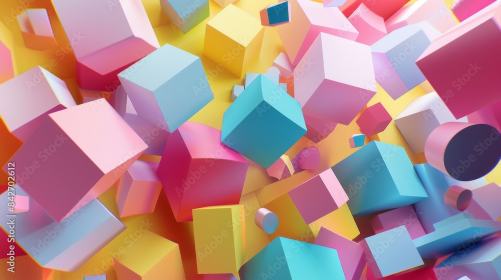 Poster an abstract 3d background with floating geometric shapes in various colors, creating a modern and dy