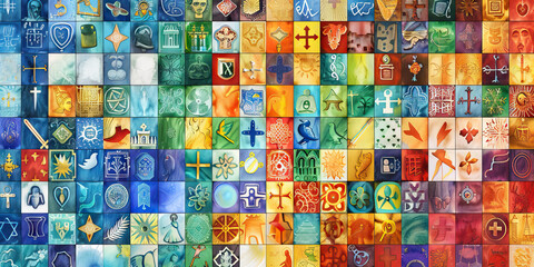 The Global Mosaic: Religions as Colorful Tiles in a Cultural Mosaic - Visualize different religious symbols and practices as colorful tiles, coming together to form a diverse and vibrant mosaic