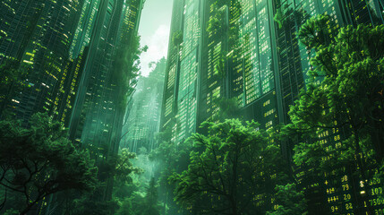 Green digitized cityscape with trees