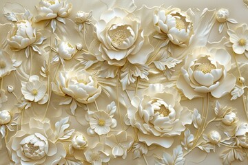 White carved flowers peonies art nouveau, with shiny leaves on a golden background, design Digital Paper background