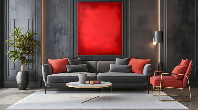 1. Adorned with contemporary flair, a modern living room is elevated by the presence of a stylish crimson poster frame mockup, adding a pop of color and sophistication to the sleek decor scheme.