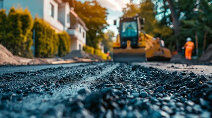 road construction and asphalt lying, highway development, workers at construction site